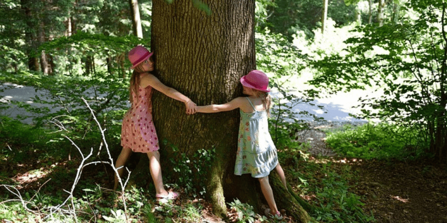 niñas abrazando un arbol